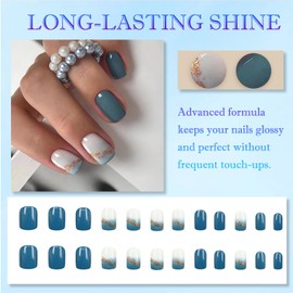 24PCS Short Square Press On Nails – Green French Tip False Nails with Glitter – Stick On for Women Glossy Full Cover Fake with Accessory Tool Easy to Apply Quick DIY Art Kit