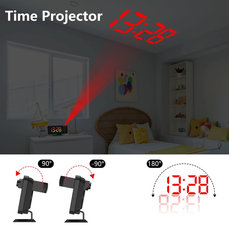 Petilleur Projection Alarm Clock for Bedroom Ceiling, 180° Rotatable Projector