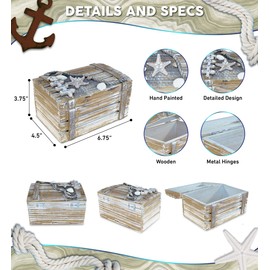 Puzzled CoTa Global Baja Beach Medium Wooden Jewelry Box - Handcrafted Nautical Trinket with Seashell and Starfish Decorations Accent Tabletop Home Decor - 6.75 Inch