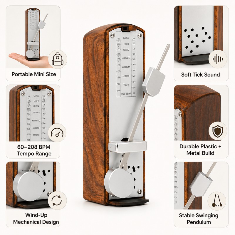 Mini Mechanical Metronome for Music Practice – Portable Wind-Up Tempo