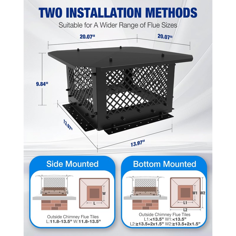 Chimney Cap 14x14 Inch Square Cover: All Weather Easy Assembly