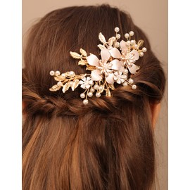 Chargances Bride Gold Flower Leaf Hair Comb Wedding Pearl Beaded Hair Side Comb Dainty Fashion Handmade Hair Accessories for Women Bridesmaid Girls