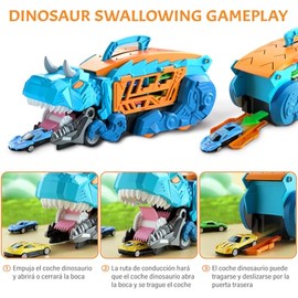 Dinosaurios de Juguetes, EASYTAO Pista de Dinosaurios con 12 Autos, Camión de Dinosaurio Transportador de Automóviles con Deslizante Plegable, Juguete