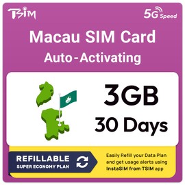 Macau SIM Card | 3GB Super Economy Refillable Plan! Auto Activating 30 Day Validity | 5G Speed + Hotspot | Data-Only No Phone Number