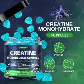 Creatine Monohydrate Gummies for Men & Women - Blueberry Flavor, Raspberry-Shaped - Chewable Creatine Gummy with Taurine & Vitamin B12, 5g Creatine per Serving, 120 Gummies