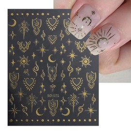 Gold Nail Art Sticker Decals 3D Embossed Hot Stamping Sun Moon Stars Design Nail Decals Self-Adhesive Butterfly Love Heart Nail Art Sticker Decoration for Women Manicure Supplies (8Sheet)