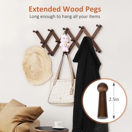 Optish Accordion Wall Hanger with 14 Pegs, Expandable Coat Rack Wall Mount, Wood Hat Rack for Wall, Hat Hangers for Hanging Coat, Purse, Mug (Walnut)