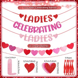 Ladies Celebrating Ladies Banner Happy Galentine’s Day Banner Red Pink Glittery Love Heart Bestie Banner for Lady Night Galentine's Day Decorations