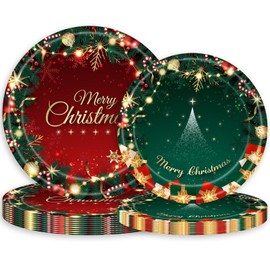 HANSAMU 32Pcs Christmas Paper Plates Disposable Tableware Set,Christmas Tree Bell Dinnerware Plates Merry Christmas Print Dessert Plate for Christmas Table Supplies