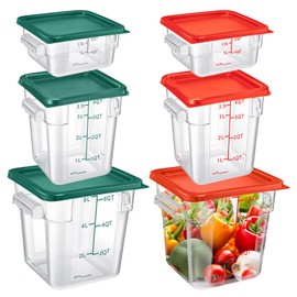 Suclain 6 Pcs Square Food Storage Container with Lid 2Qt 4Qt 6Qt Clear Commercial Food Storage Container with Scales Handles for Home Restaurant Kitchen Organizer, Polycarbonate(Red, Green)