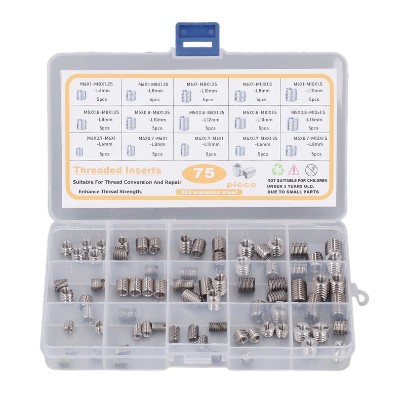 75Pcs Stainless Steel Threaded Inserts Nuts Assortment Tool Kit for