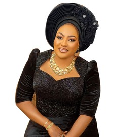 NJYFG Fashion African Autogele Headtie Nigeria Women Head Wraps Already Made Wedding Geles (black)