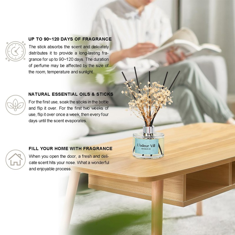 L'odeur Vill Reed Diffuser Set, 6.7 oz(200ml) Jasmine & Lily