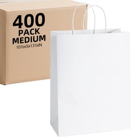 400Pcs 40 LB White Paper Gift Bags Bulk with Handles 10 x 5 x 13 Inch - Medium Size Kraft Goodie Bag, Blank Paper Bags for Shopping Retail, Birthdays, To Go, Small Business, Weddings, Parties, Lunch