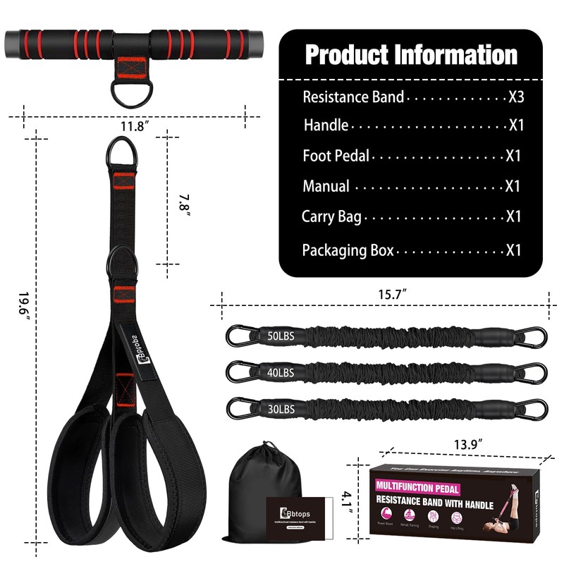 Bbtops Pedal Resistance Band with Handle for Women Men,Black