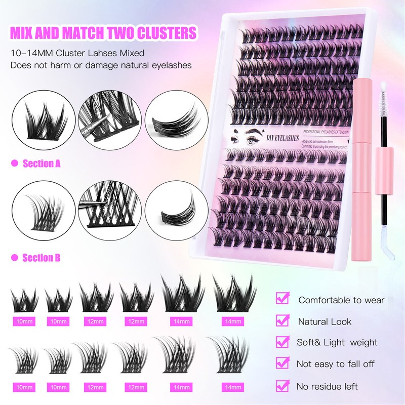 126 Cluster Lashes 10‑14mm Fluffy D Curl Individual Lashes for