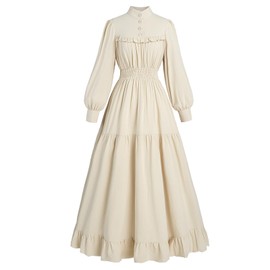 CR ROLECOS Victorian Dress for Women Long Sleeve Edwardian Dress Medieval Renaissance Costume Beige Dress S