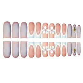 Blue White Gradient Flower Press on Nails Long Square Fake Nails with 3D Ripple Floral Design Handmade Press on Nails French Tip False Nails Spring Acrylic Nails Full Cover Stick on Nails for Women