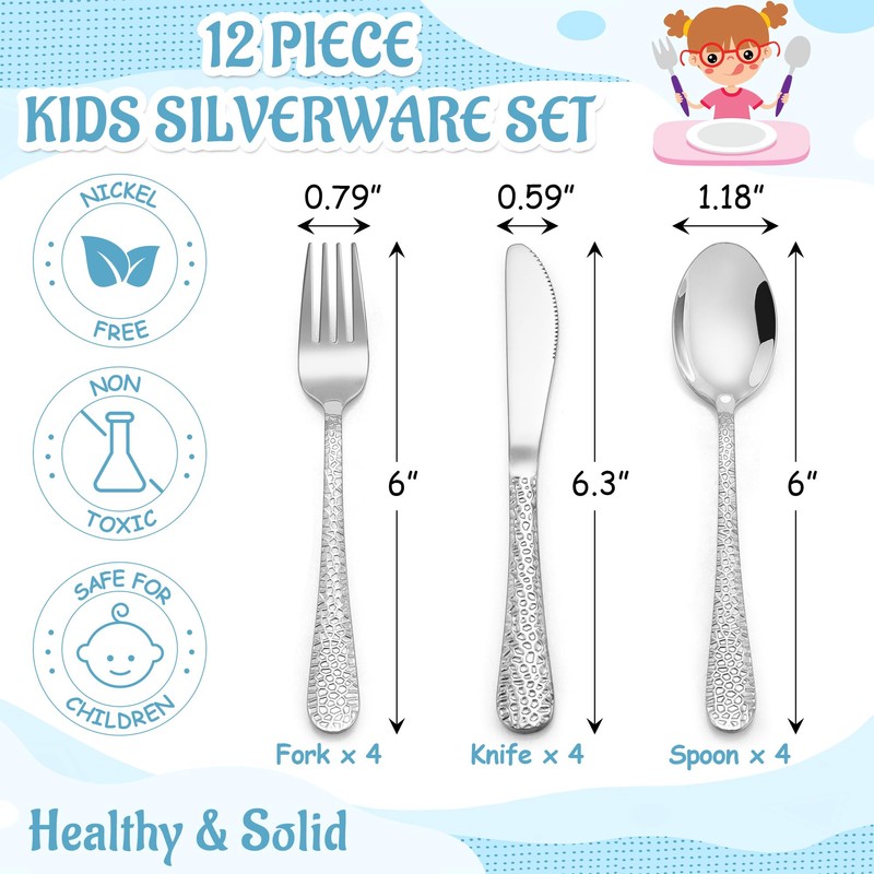 E-far 12-Piece Kids Silverware, Stainless Steel Toddler Preschooler Utensils with