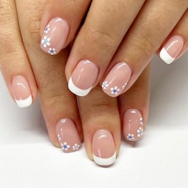 White French tips Press on Nails Short Square Fake Nails with Design White Flower Glue on Nails Nude Stick on Nail Glossy Spring Nails Reusable Summer False Nail for Women Girls Manicure 24pcs