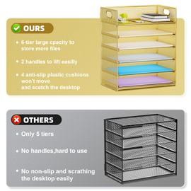 Marbrasse Paper Letter Tray Organizer - 6 Tier Mesh File Organizer with Handle, Paper Sorter Organizer for Letter/A4 Office File Folder Holder - Gold