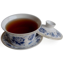 YXHUPOT Gaiwan Tea Cup, Sancai Tea Cup, Saucer, Cover Set with Peony, 300 ml, Blue/White
