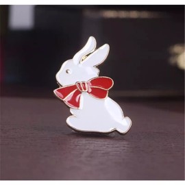 ZARD Easter White Bunny with Red Bow Lapel Hat Cap Tie Pin Brooch