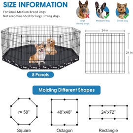 Dog Pen Pet Playpen Dog Fence Indoor Foldable Metal Wire Exercise Puppy Play Yard Pet Enclosure Indoor Outdoor 8 Panels 24 Inch with Bottom Pad (Bottom Cover Fence with Printing)
