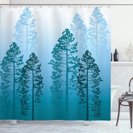 Ambesonne - Cortina de ducha de campo, pinos en el bosque sobre niebla parecen degradado, arte de aventura de vida silvestre, juego de decoración de baño de tela con ganchos, 69 pulgadas de ancho x 70 pulgadas de largo, azul azul