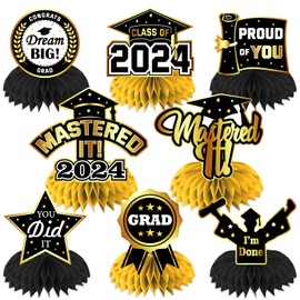 8Pcs Masters Graduation Decorations Honeycomb Centerpiece,3D Black Gold Mastered It Class Of 2024 Masters Party Decorations Honeycomb Centerpiece, Masters Degree Graduation Decorations