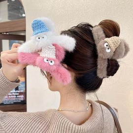 Autumn/Winter Fluffy Fairy Lovely Hair Clip for Women - New Luxurious Big Shark Claw Clip, Free Size Elf Coffee Fuzzy Ball 20ea