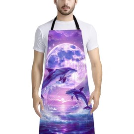 Snilety Purple Dolphin Apron for Women with Pocket Waterproof Canvas Kitchen Cooking Apron Oil Resistant Bibs Ajustable Strap BBQ Aprons
