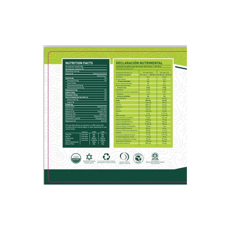 Alga Spirulina Orgánica Kosher Vegana 100% Orgánica Bote 75g