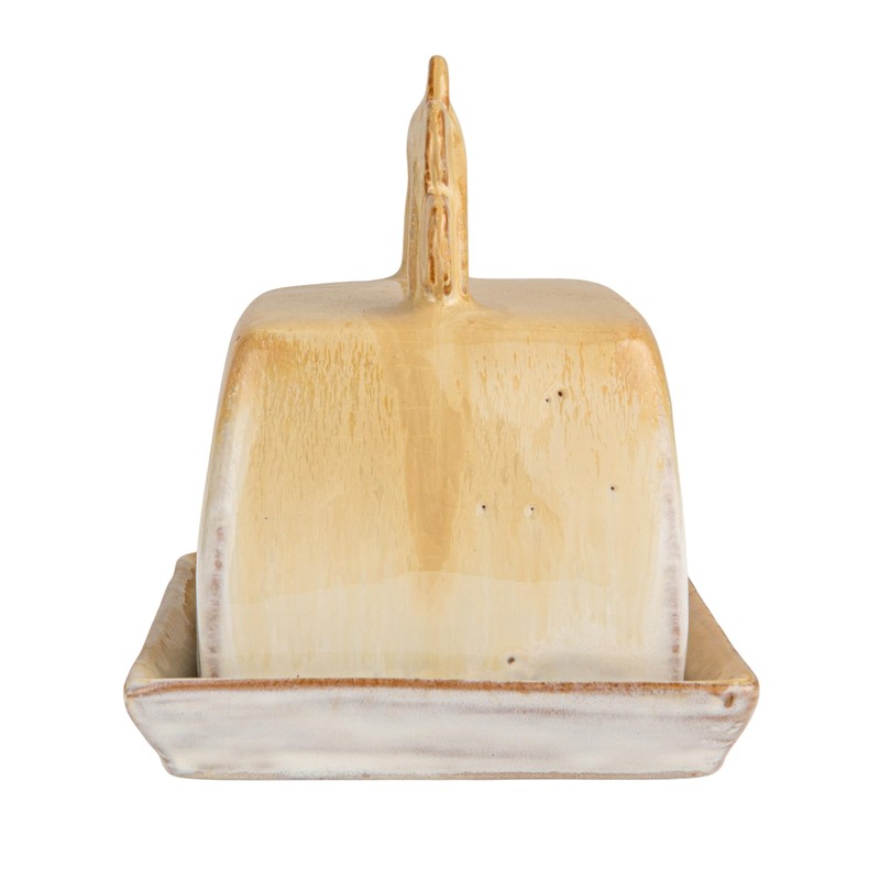 Bloomingville Stoneware Butter Dish with Scalloped Handle, Caramel