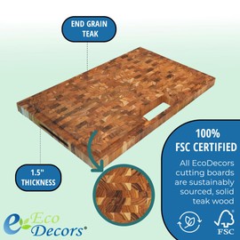 EcoDecors, Teak End Grain Cutting Board 29"x18", Solid FSC Teakwood Carving Board with Juice Groove, Handles & Waste Disposal, Butcher Block Cutting Board for Kitchen, BBQ, and Stove-Top Prep