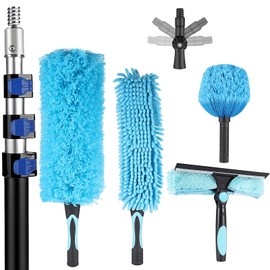 Hammrit 20 Foot High Reach Ceiling Duster Kit 3.6-12ft Extendable Pole with Cobweb Duster,Ceiling Fan Duster,Window Squeegee and Scrubber, Microfiber Feather for Easy Cleaning Indoor & Outdoor