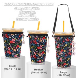 3PC Reusable Neoprene Iced Coffee Sleeve with Strap & Charms Perfect Cold Drink Sleeve for Iced Drinks, Coffee Cup Sleeves, and More Durable, Insulated Coffee Sleeves for Iced Coffees & Cold Beverages