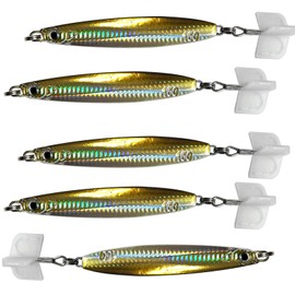 Fish WOW! 5pcs 5.25oz Colt Sniper jigs 150g coltsniper jig with a 3561D-DT MUSTAD 3X Strong Forge High Carbon Steel Treble Hook - Yellow Silver