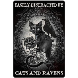 Black Cat Crow Metal Tin Sign,Easily Distracted by Cats and Ravens Room Decor Metal Wall Decoration Retro Bar Sign Home Kitchen People Cave Living Room Decoration Gift 8X12 Inch