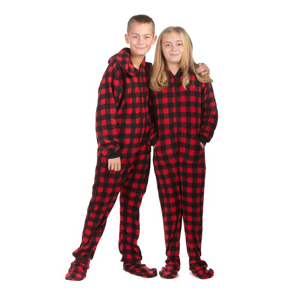 Hoodie Footed Onesie Buffalo Red & Black Plaid Fleece Footed