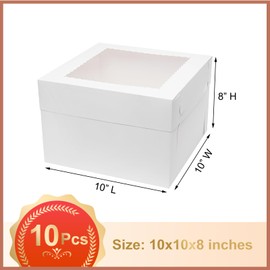 Mcfleet 10pcs Cake Boxes 10 Inch 10x10x8 Tall Cake Boxes with Window for Tier Baking Disposable Bakery Containers with Lids White Large Cardboard Bakery Take Out Carrier for Wedding, Birthday, Party