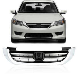 G-PLUS Front Bumper Upper Hood Grille Compatible with Honda Accord Sedan 2013 2014 2015 Replacement Black & Chrome Grill 71121T2FA01, HO1200214