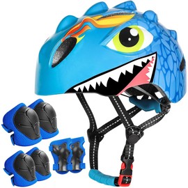 Juego de Casco de Bicicleta para Niños Diseño de Tiburón con Cinta Reflectante, Niños Ciclismo Rodillo Patinaje Rodilla para Practican Esquí, Ciclismo, Patinaje sobre Ruedas y Deportes al Aire Libre