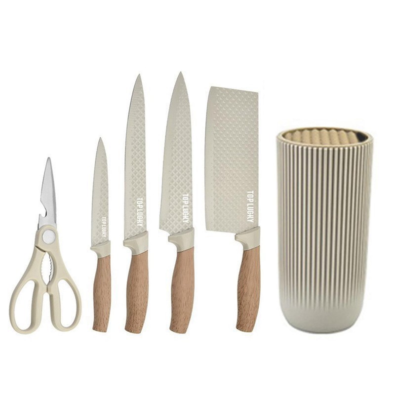 Kitchen Knife Set. 6-Pieces Luxury Wooden Coating, Light Wood Grain