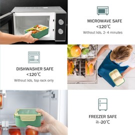 Diboniur Brotdose, Lunchbox mit Fächern Besteck Kinder Erwachsene 1400ML Bento Box Arbeit Mikrowellengeeignet Schule Büro (Grün)