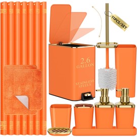 XLHOMO 11PCS Bathroom Sets with Shower Curtain and Rugs Bathroom Accessories Set Orange Bathroom Set,Soap Dispenser & Toilet Brush Holder Set with Stainless Steel Trash Can