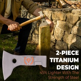 Wrangler Tools - Titanium Camping Axe - 18" & 11.5" Wood Hickory Handles - Tomahawk Axe Hammer End - 2-Piece Slip-Fit Design - Includes Blade Sheath and 2 Handles - Survival Axe