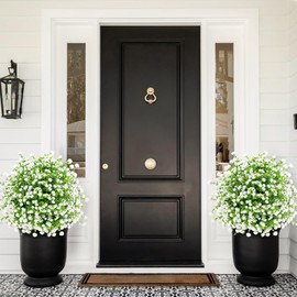 ENVEN Artificial Boxwood Topiary Ball Trees with Ground Spikes UV Resistant Faux Greenery Shrubs Fake Shrubs for Outdoors, Realistic Faux Plants Bushes for Garden Porch Yard Patio Decor (White Green)