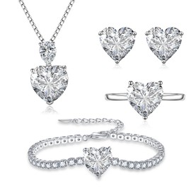 Loutade Silver Jewellery Set for Women, 925 Sterling Silver 4 PCS Fashion Heart Necklace Earrings Ring Bracelet Set, Love Necklace Silver Stud Earrings Bracelet Ring Set with White Cubic Zirconia