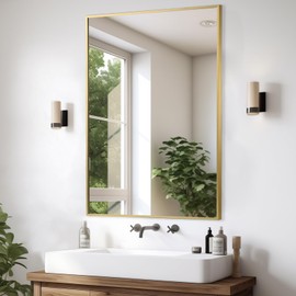 JENBELY Gold Bathroom Mirror, 24"x36" Rectangle Mirror, Brused Gold Mirror, Metal Frame Square Corner Vanity Mirror, Wall Mounted Mirror for Modern, Living Room, Bedroom, Horizontal Or Vertical